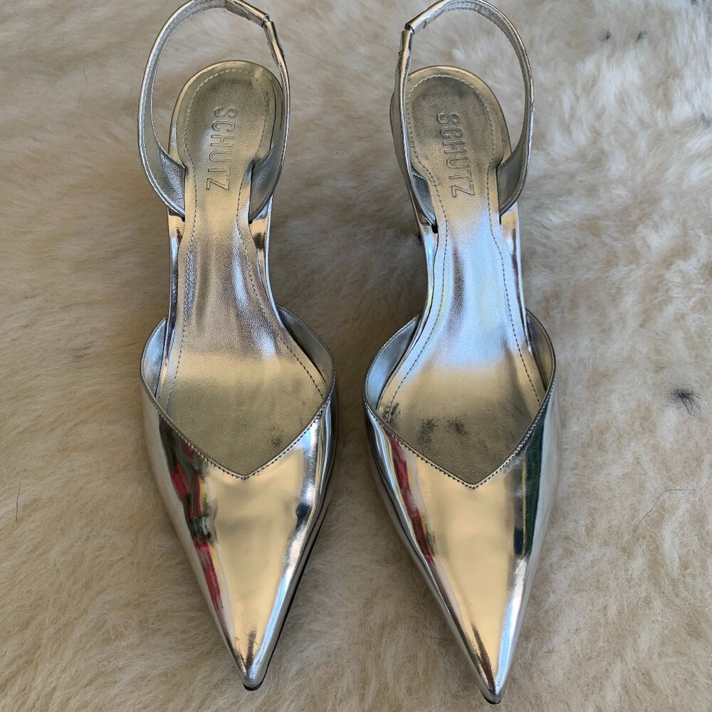 Schutz Lexi Sling Silver Leather Heels - worn once!